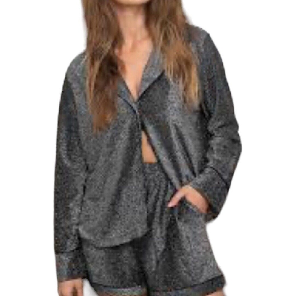 Nasty Gal Silver Sparkle Classic Pajama Top Shirt  Long Sleeve Size 12 NWT
